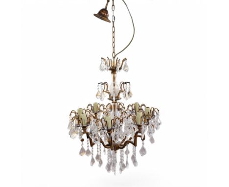 Gilt metal and glass chandelier, eight branches on shaped supports, decorated with hanging glass pendants Dimensions: Height: