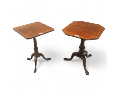 George III mahogany tripod table, square tilt-top with rounded corners, turned pedestal with twist baluster on three out-spla