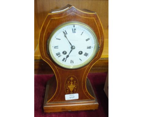 An Edwardian inlaid mahogany balloon-shaped clock with French striking movement, the enamel dial marked 'Ritchie & Son Edinbu