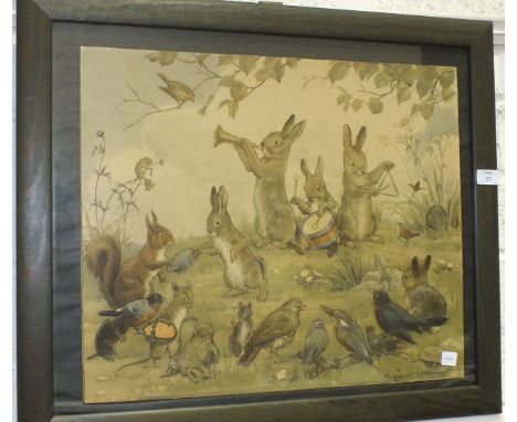 After Margaret W Tarrant, 'The Wandering Minstrels Rabbit Band with an audience of forest birds and animals', a framed colour