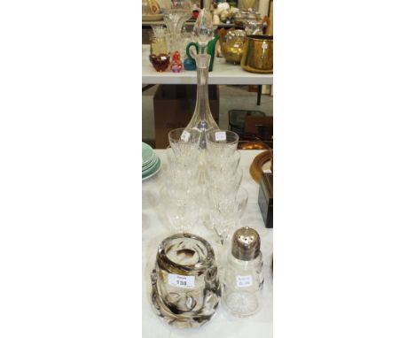 A Stuart crystal glass decanter and stopper, 42cm high, eight matching wine glasses and a Whitefriars 'streaky brown' glass '