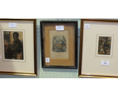 A Baxter print 'Boy throwing stones at ducks', 9 x 6cm, one other, 'Me warm now' and three other prints, (5).