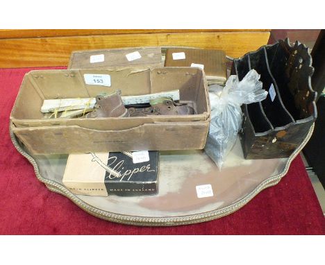 A plated galleried tray, a lacquered pen box, a letter rack, a small chess set, King 6.5cm, (damages), dominoes and miscellan