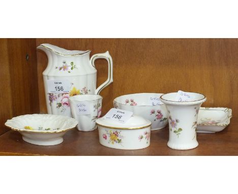 Seven pieces of Royal Crown Derby 'Derby Posies', including jug 11.5cm high, oval trinket pot and lid 8cm wide, 4cm high and 
