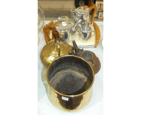A four-piece picquot ware tea service on tray, a copper kettle, various other brass items and metalware.