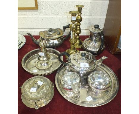 A Walker & Hall four-piece plated tea service, other platedware and a pair of brass candlesticks 28cm high.