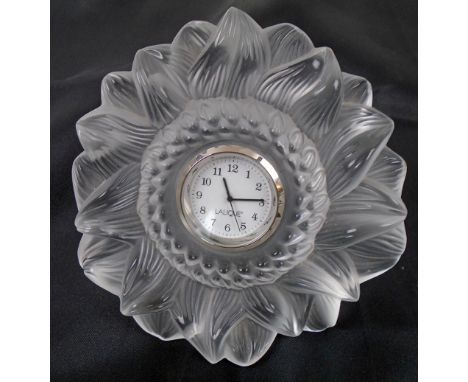 LALIQUE TABLE CLOCK, in the form of a flower head, 12.5cm H.