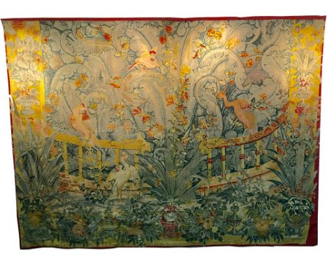 FINE VERDU TAPESTRY, 188cm x 252cm, 17th century Flemish design of mythical birds and foliage.