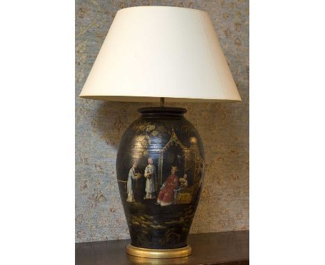 TABLE LAMP, 19th century Chinoiserie decorated ceramic vase form with figural detail and shade, 80cm H. (adapted)