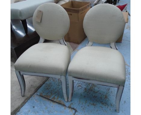 SALON CHAIRS, a pair, oval backs in a light calico fabric on silver painted square supports, 56cm W. (2)