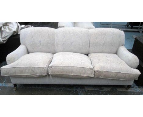 GEORGE SMITH SOFA, three seater, Howard style in patterned chenille, approx. 92cm D x 88cm H x 213cm W. (with faults)