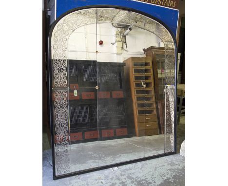 WALL MIRROR, of large proportions, Art Deco inspired arched fenestrated with etched marginal plates and black frame, 208cm H 