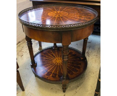 OCCASIONAL TABLE, circular with galleried top inlay to top and shelf and drawer below on turned fluted supports, 67cm diam x 