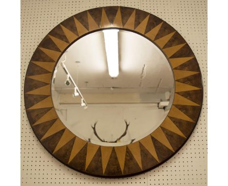 WALL MIRROR, circular burr walnut and oak parquetry, radial frame and bevelled plate, 87cm diam.