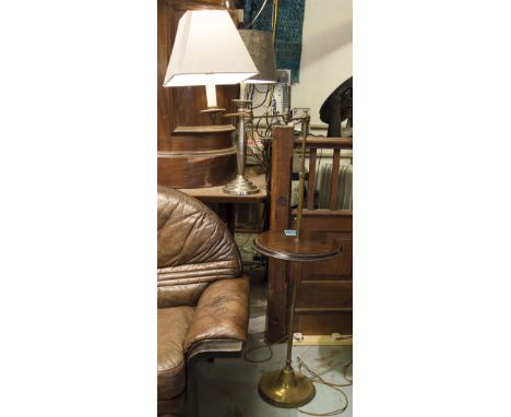 READING LIGHT, Victorian style in brass with articulating arm adjustable height and wooden drinks tray.
