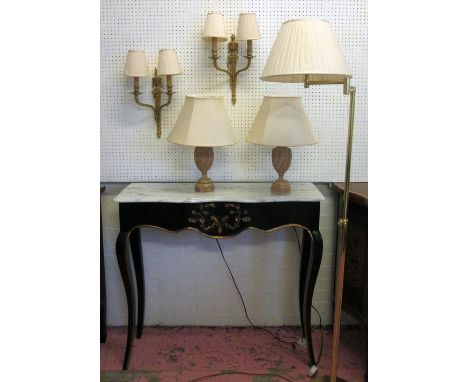 FLOOR STANDING LAMP, brass with a pleated cream shade, 164cm H, a pair of Adam style brass wall lights with shades, 43cm H an