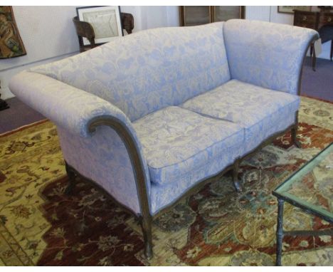 SOFA, Continental style with floral patterned blue upholstery, showframe and cabriole supports, 87cm D x 198cm W x 89cm H. (m