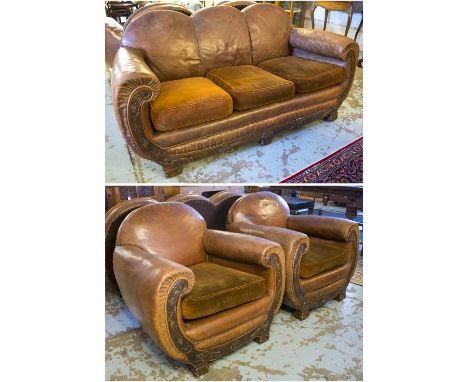 ARMCHAIRS, a pair, Art Deco walnut, with foliate carved fronts, brown leather upholstery and velvet cushion seats, each 95cm 