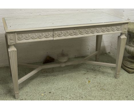 CONSOLE TABLE, early 20th century English Louis XVI style grey painted with three frieze drawers, X stretcher and mirror top,