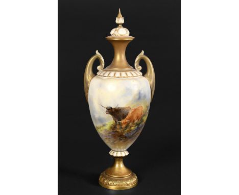 ROYAL WORCESTER LIDDED VASE - STINTON a large porcelain vase painted with Highland cattle within a landscape scene, with two 