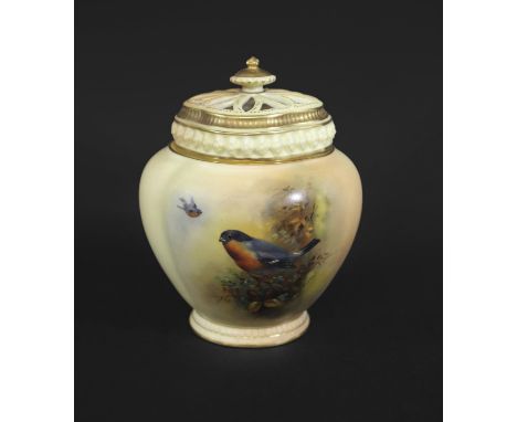 ROYAL WORCESTER POT POURRI - E BARKER of bulbous lobed form, painted with Bullfinches and foliage on a yellow ground, with an