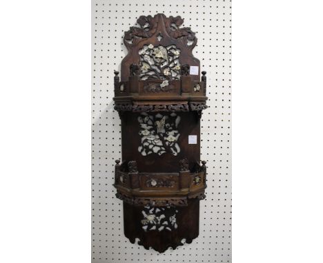 JAPANESE HARDWOOD WALL BRACKET a large two tier bracket, the back panel pierced with carved tree branches, overlaid with bird