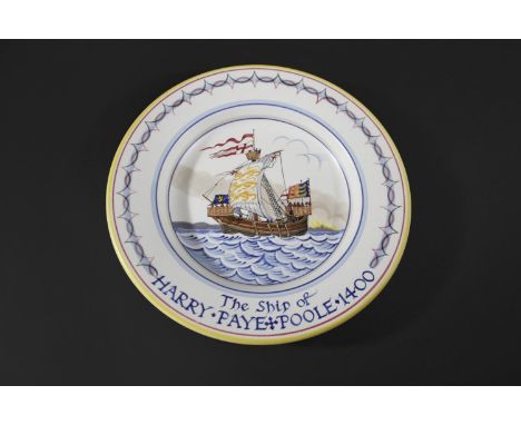 POOLE POTTERY DISH - SHIP OF HARRY PAYE, 1955 a hand painted dish titled The Ship of Harry Paye, Poole, 1400, painted with th