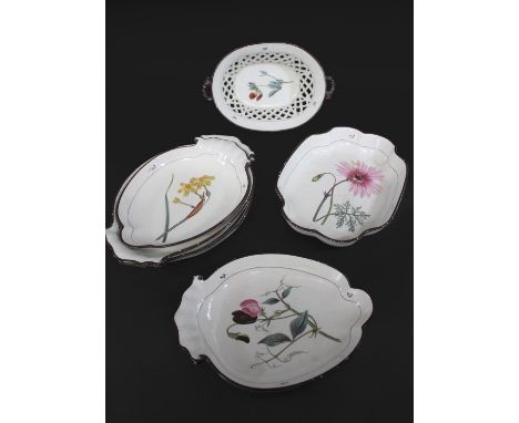 EARLY 19THC BOTANICAL CREAMWARE DINNER SERVICE each painted with a variety of flowers and plants, painted with brown rim bord