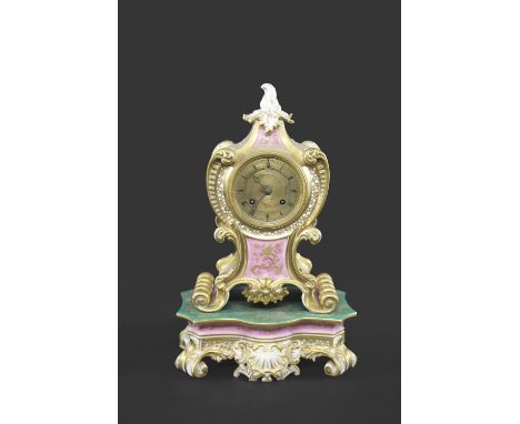 19THC FRENCH PORCELAIN MANTLE CLOCK &amp; STAND the porcelain clock with panels of gilded birds and flowers on green and pink