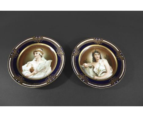 PAIR OF ROYAL VIENNA CABINET PLATES - ALEXANDRA PORCELAIN WORKS each plate painted with classical figures, with a cobalt blue