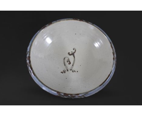 BERNARD LEACH - STUDIO POTTERY BOWL a large stoneware bowl with a celadon glaze to the interior and painted motif, the exteri