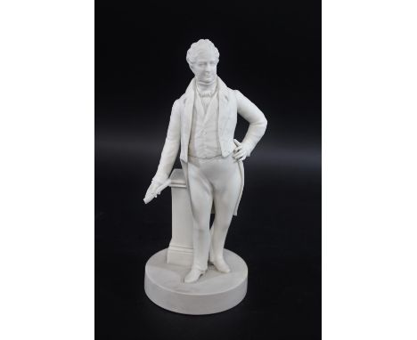 MINTON PARIAN FIGURE - ROBERT PEEL a parian figure of Robert Peel, with a scroll in his hand and on a circular base. Hand and