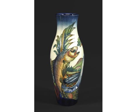 MOORCROFT VASE - TROUT a slender vase in the Trout design, designed by Philip Gibson. Marked, Moorcroft, Made in England, 98.