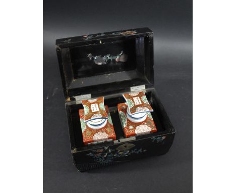 JAPANESE EXPORT LACQUERED BOX &amp; PORCELAIN FLASKS &amp; STOPPERS a lacquered box designed with birds, flowering trees and 