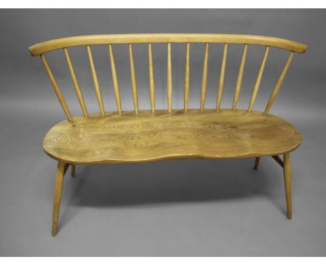 ERCOL TWO SEATER 'LOVE SEAT' Model no 450 and designed by Lucian Ercolani, a vintage light elm and beech two seater sofa, wit