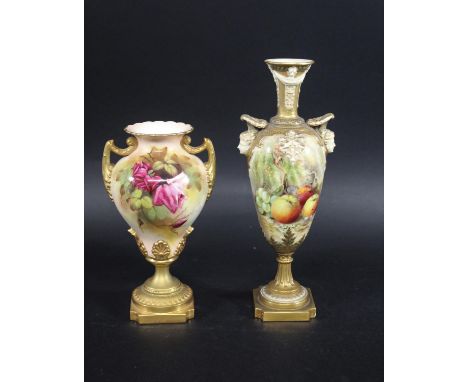 ROYAL WORCESTER VASE - RICKETTS a slender pedestal vase, painted with various fruit on a mossy ground, the reverse painted wi