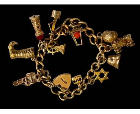 9 carat gold charm bracelet with eleven charms.
