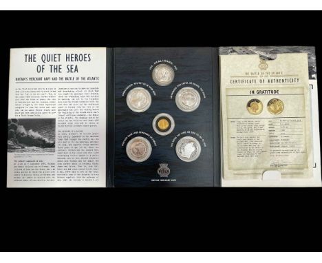 The Battle of the Atlantic commemorative gold and silver coin set, comprising a 3.11g 24 carat gold coin and five silver exam