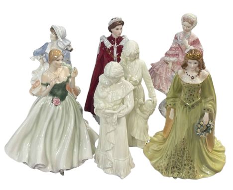 Seven Royal Worcester ladies including Golden Girl of May, 1855 The Crinolin, Keepsake, Rosie Picking Apples.