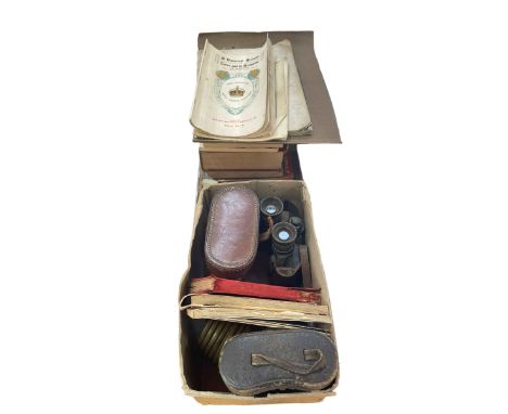 Border Regiment swagger stick, Carl Zeiss binoculars, seven cones, military ephemera, postcards, books, etc.
