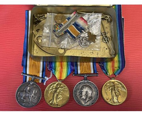 WWI medals (2) named to DM2 168466 PTE T. EASTON ASC and 36774 PTE. R. J. KNOX DLI (2), 1914 Princess Mary Christmas tin and 