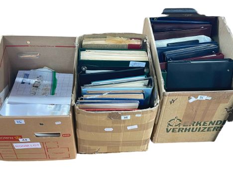 Three boxes of stamps, albums and first day covers.