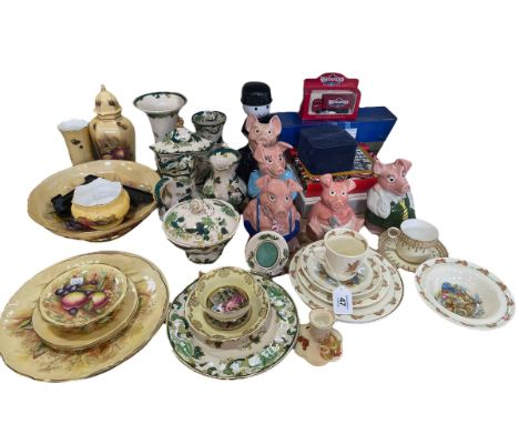 Collection of Orchard Gold Aynsley, Mason's Chartreuse, Wade pig money boxes, Royal Doulton Bunnykins, diecast model vehicles