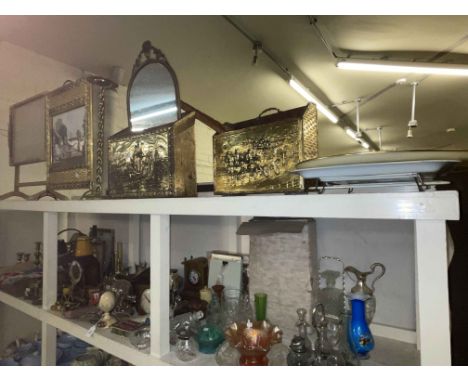 Collection of metalwares (including coal scuttle, firescreen, candlesticks), mantel clocks, glass, linens, ottoman box, etc.