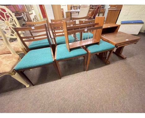 Set of six Danish? teak Mid Century dining chairs, nest of three E Gomme G Plan copper topped teak tables, side table, magazi