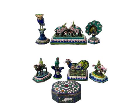Continental miniature ornaments in white metal and enamel, and box (8).