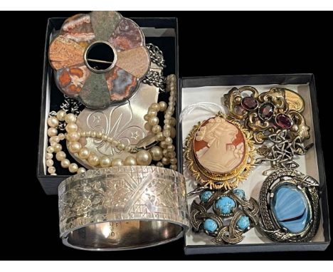 Jewellery including 9 carat gold cameo brooch, silver bangle and Scottish brooch.