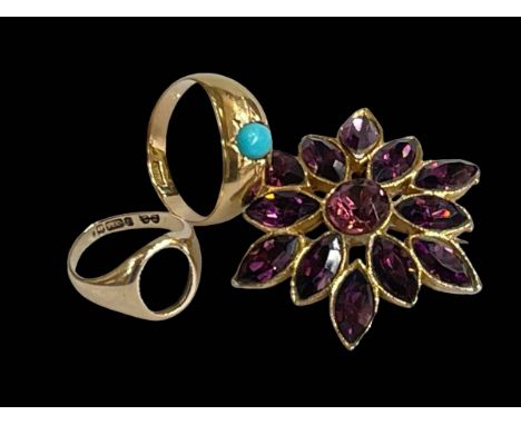 18 carat gold and turquoise ring, size P, 9 carat gold ring shank, and a brooch (3).