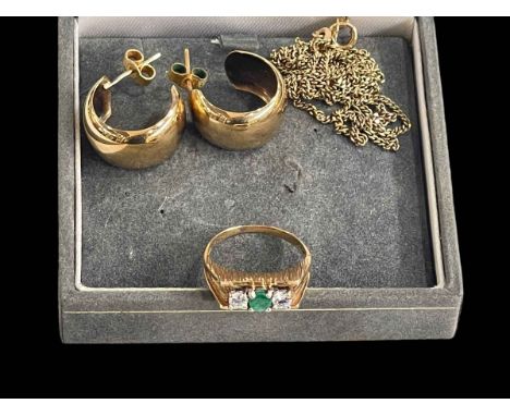 Three stone gold ring, size H, pair 9 carat gold earrings and chain necklace.