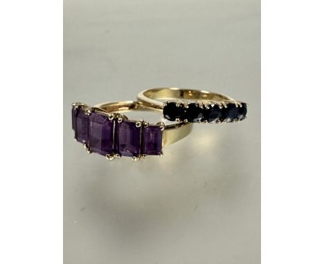 A 9ct gold five stone graduated cushion cut amethyst set ring, P and a 9ct gold five stone sapphire ring, P 5.04g (2)